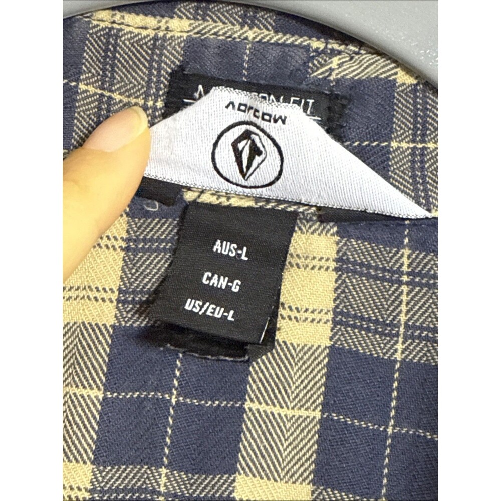 Volcom Cotton Shirt Mens Plaid Modern Fit Button Up Pocket Large Yellow & Blue - Picture 6 of 11